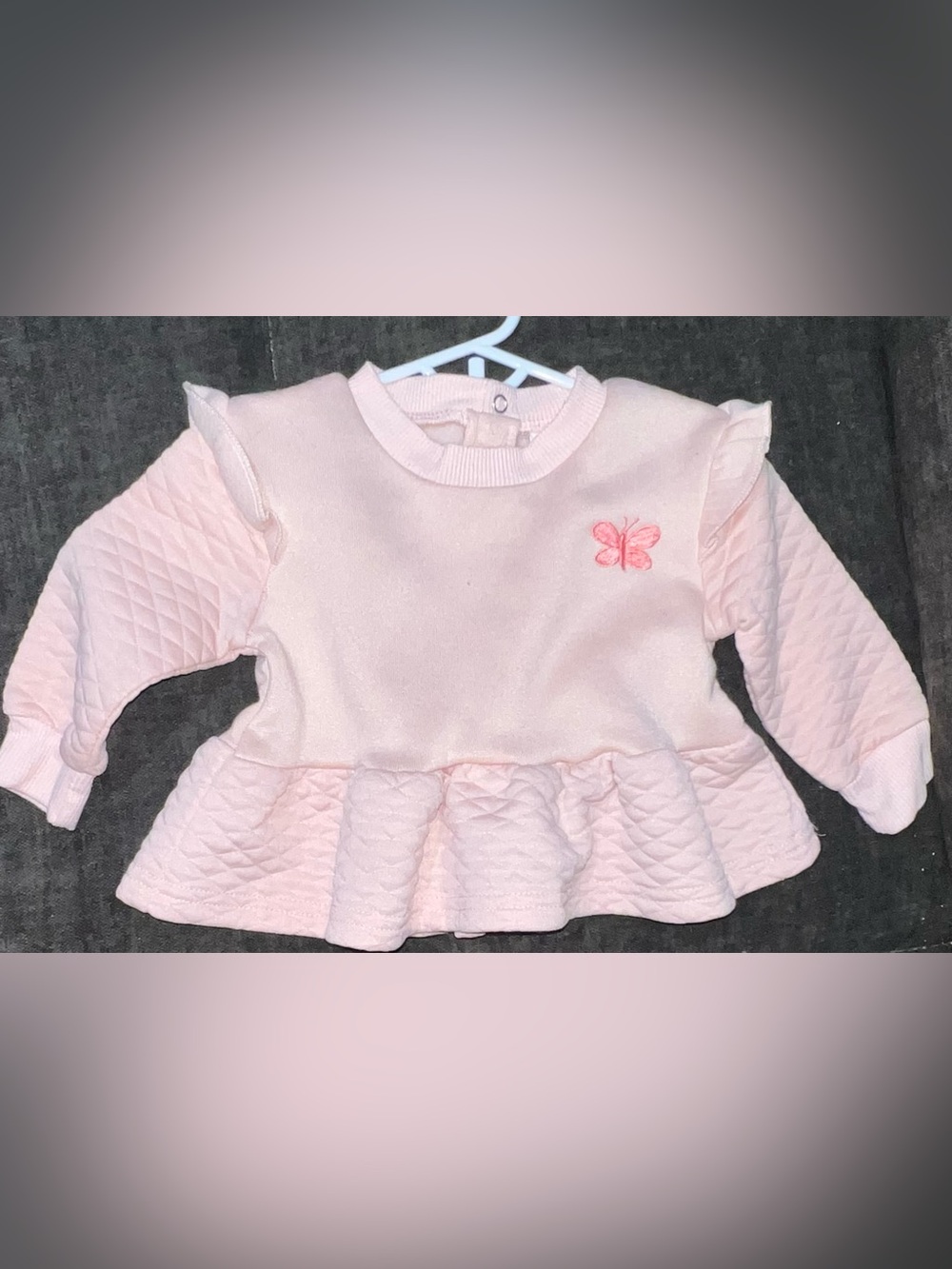 Baby Pink Quilted Peplum Top with Butterfly Accent 12M